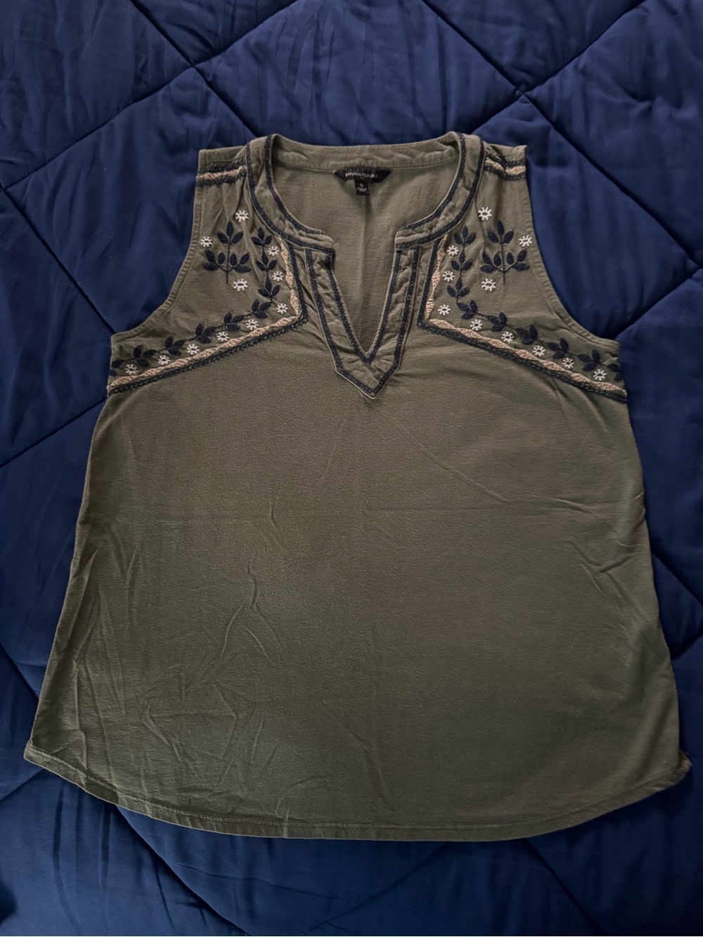 Banana Republic Split-Neck Embroidered Olive Sleeveless Top